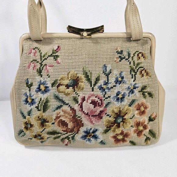 Vintage 1950's Mid Century Needlepoint Floral Purse Handbag Pocket Beige - Picture 6 of 13
